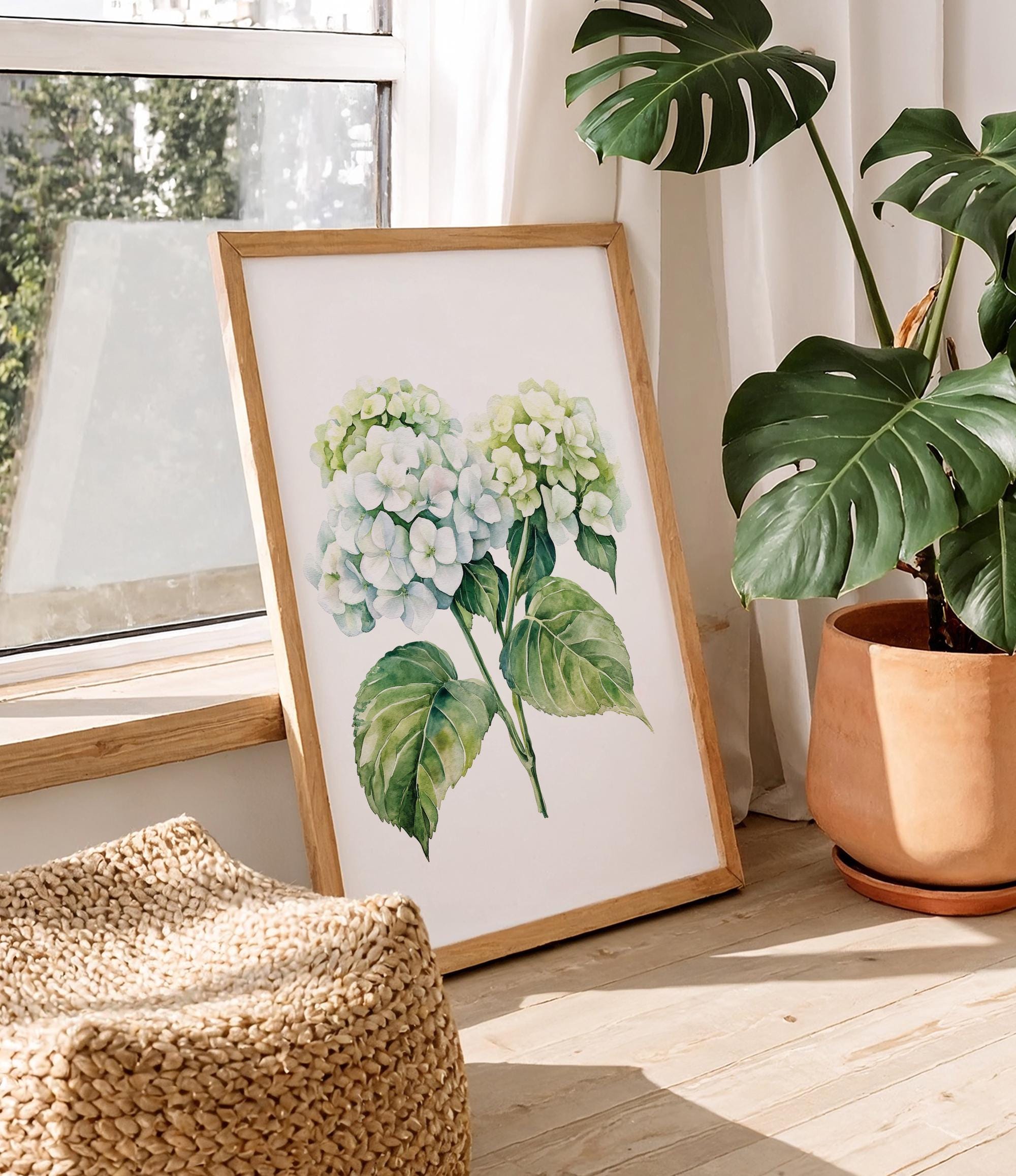 a framed watercolor painting of white hydrangea flowers on a wooden surface, with a potted plant and a woven ottoman in the background.