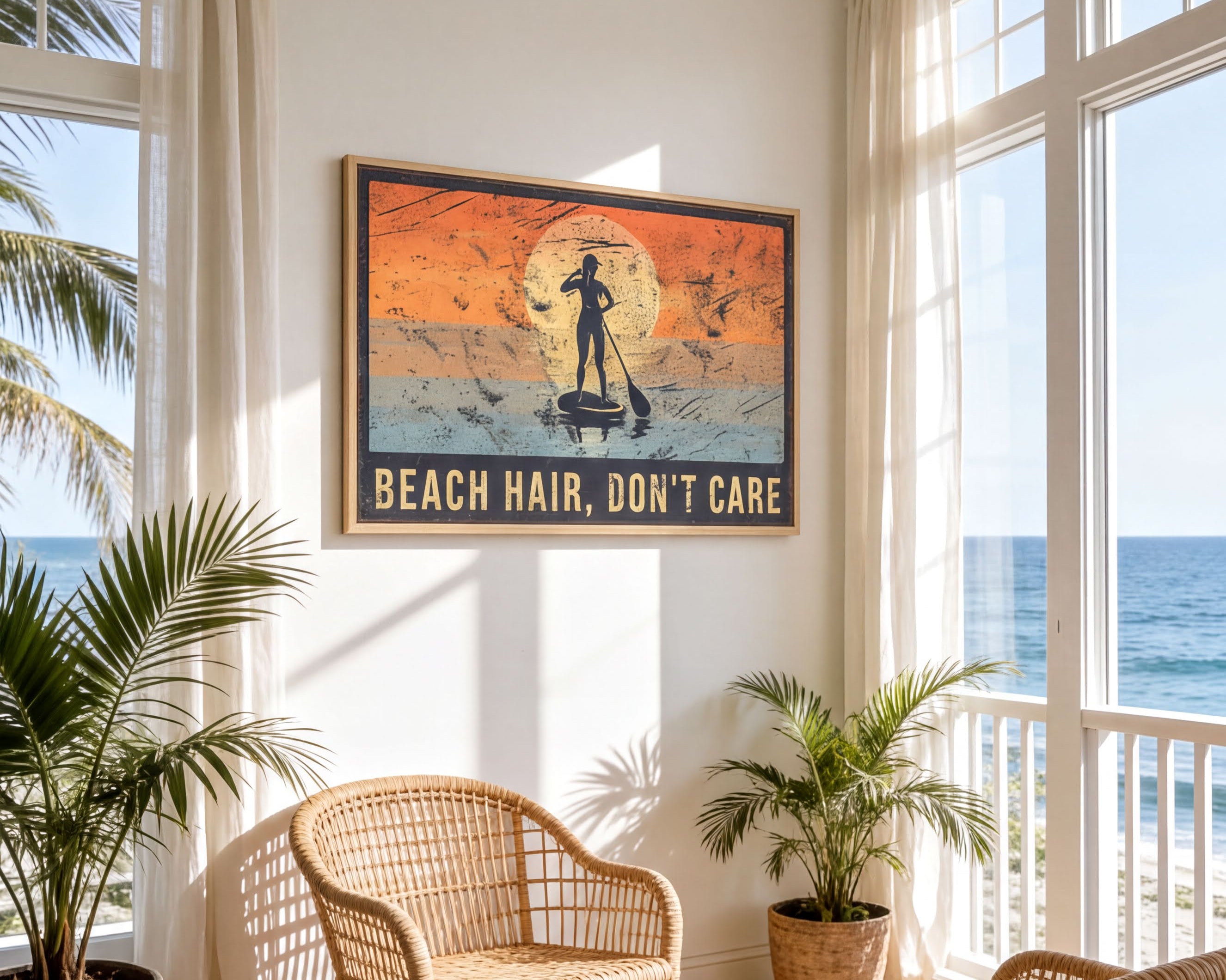 a beach-themed room with a large framed poster on the wall that says "BEACH HAIR, DON'T CARE". The room has two wicker chairs, a potted plant, and a large window overlooking the ocean.