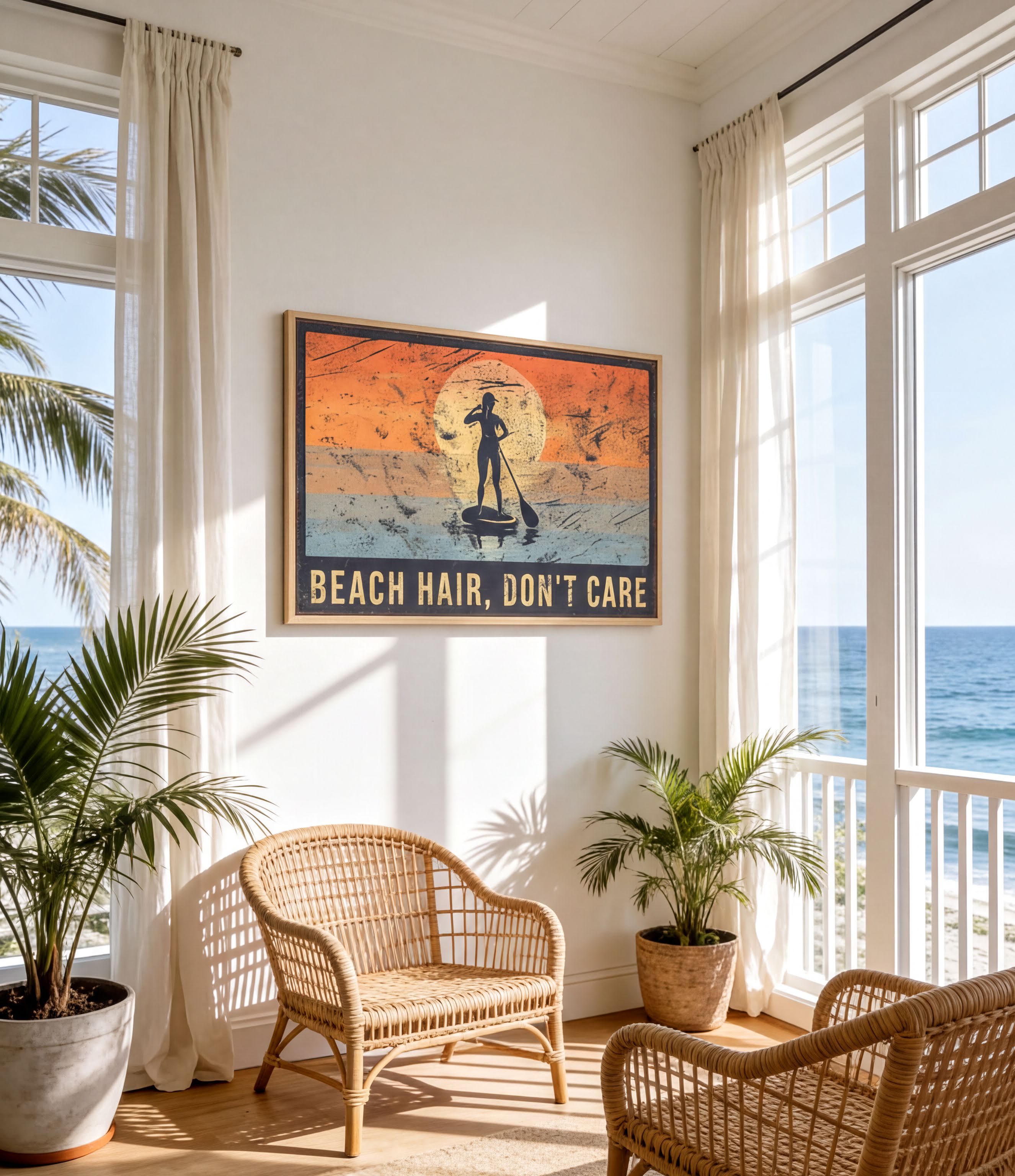 a beach-themed room with a large framed poster on the wall that says "BEACH HAIR, DON'T CARE". The room has two wicker chairs, a potted plant, and a large window overlooking the ocean.