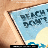 The image is a framed print with a beach-themed design, featuring the text "BEACH DON'T" prominently displayed. The frame is described as having artwork wrapped around the sides and a natural frame, indicating that it is a high-quality print.