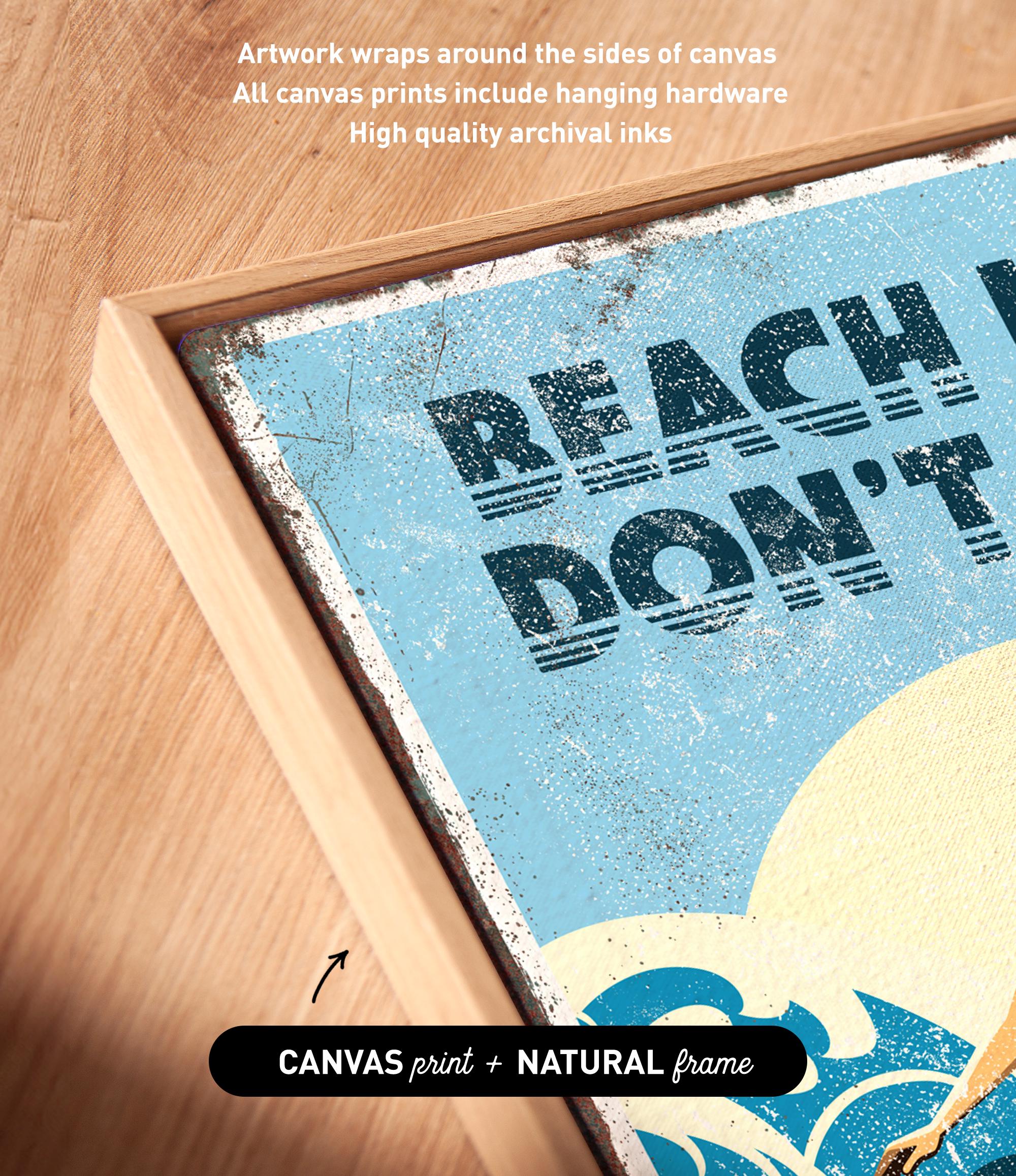 The image is a framed print with a beach-themed design, featuring the text "BEACH DON'T" prominently displayed. The frame is described as having artwork wrapped around the sides and a natural frame, indicating that it is a high-quality print.