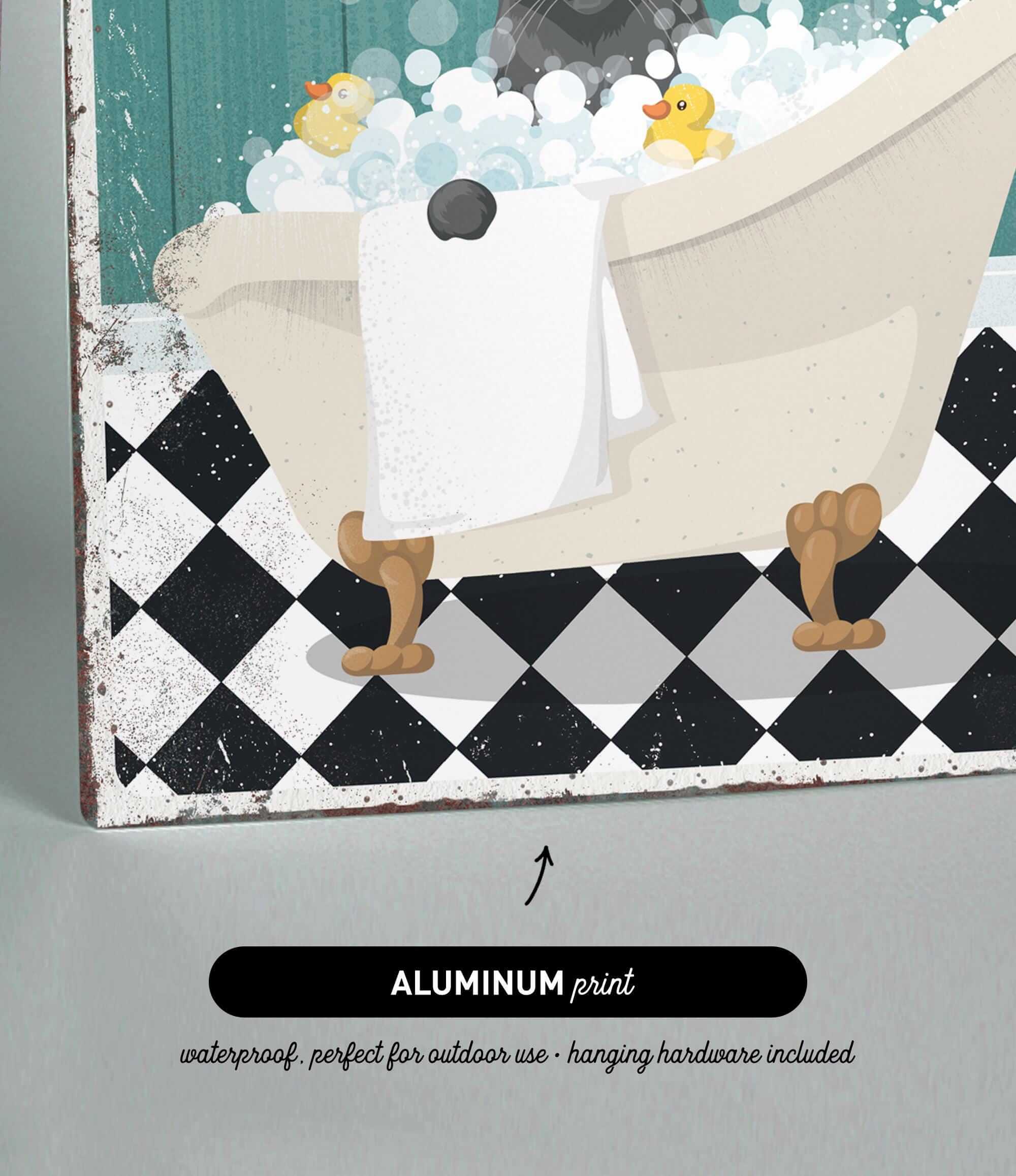 The image is an illustration of a bathtub filled with bubbles, featuring a rubber duck and a towel.