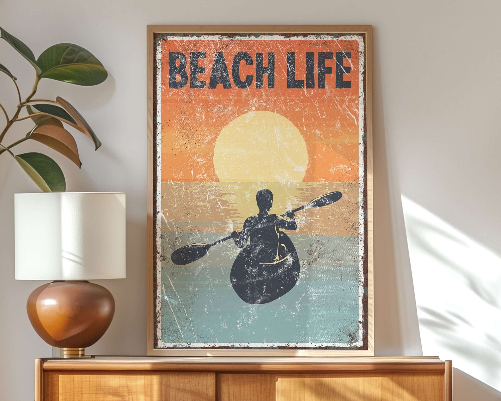 a poster of a man in a kayak on a wall