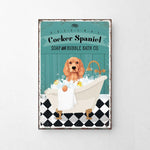 A vintage-style poster advertising "Cocker Spaniel Soap and Bubble Bath Co.", featuring a dog sitting in a bathtub filled with bubbles.