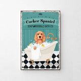 A vintage-style poster advertising "Cocker Spaniel Soap and Bubble Bath Co.", featuring a dog sitting in a bathtub filled with bubbles.