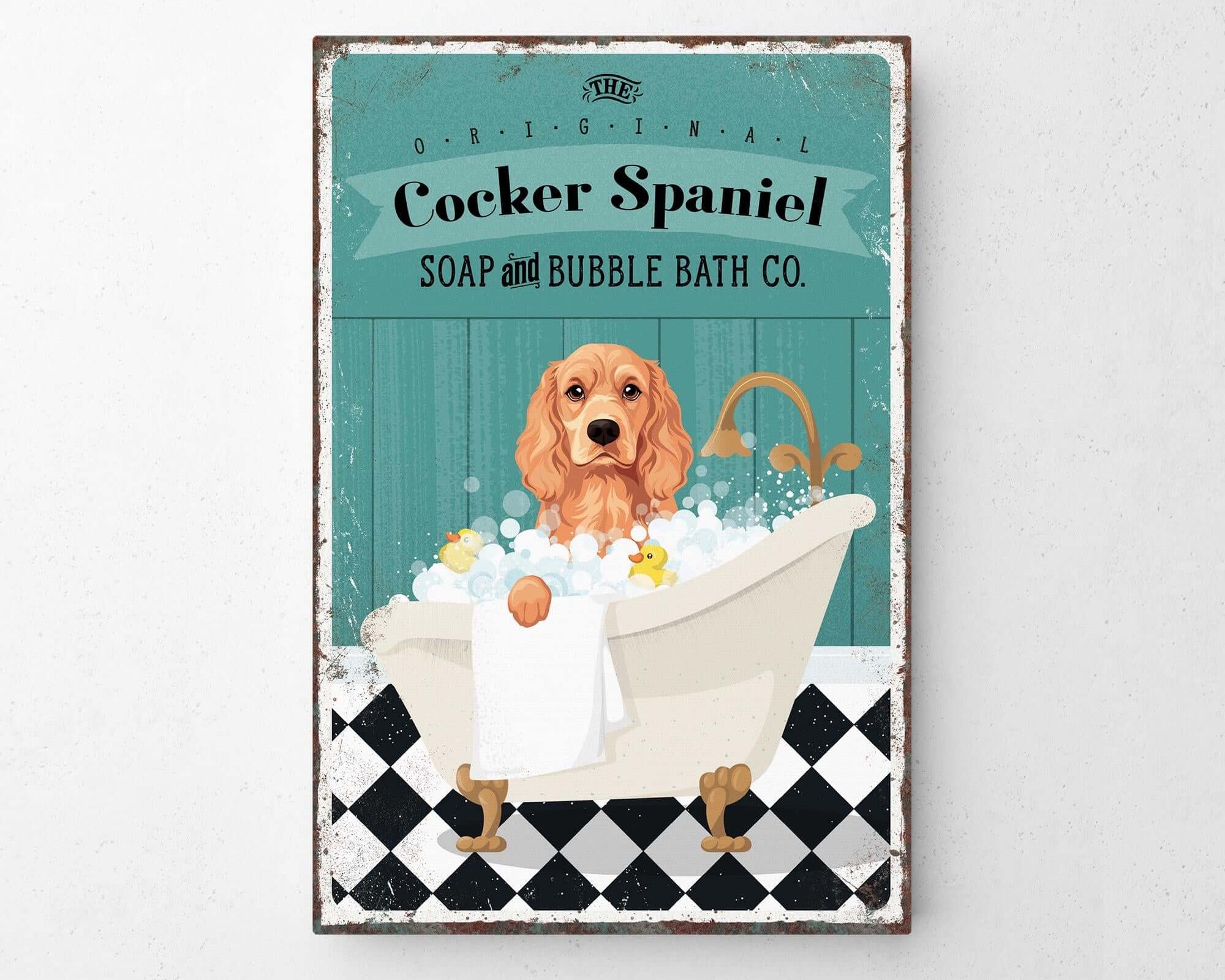 A vintage-style poster advertising "Cocker Spaniel Soap and Bubble Bath Co.", featuring a dog sitting in a bathtub filled with bubbles.