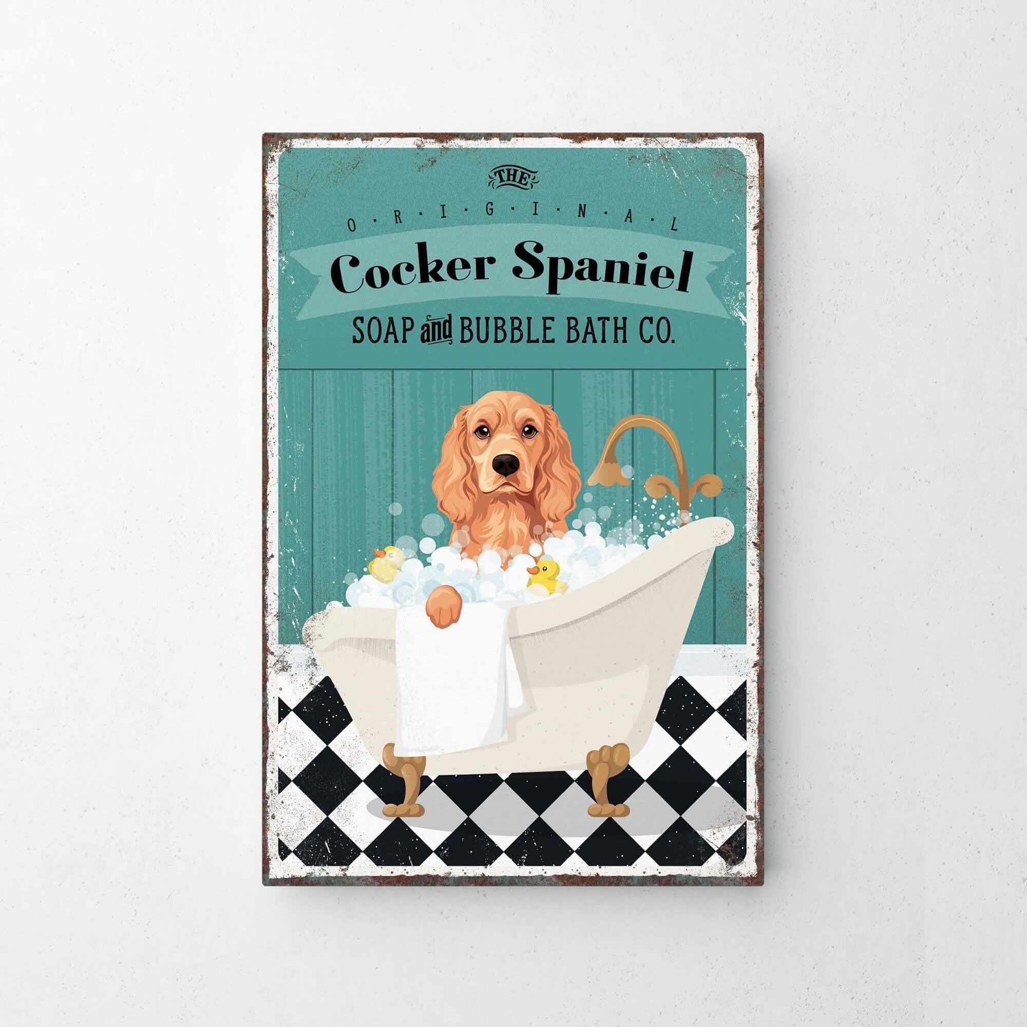 A vintage-style poster advertising "Cocker Spaniel Soap and Bubble Bath Co.", featuring a dog sitting in a bathtub filled with bubbles.