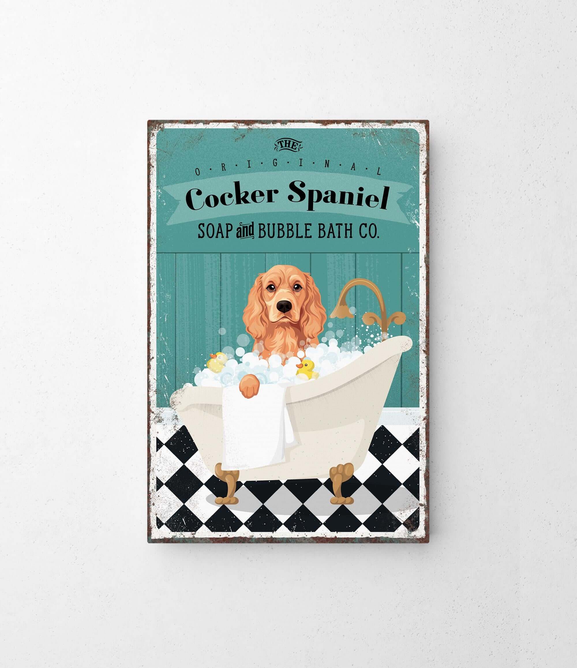A vintage-style poster advertising "Cocker Spaniel Soap and Bubble Bath Co.", featuring a dog sitting in a bathtub filled with bubbles.