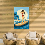 a woman paddleboarding on a beach, with a wicker chair and a wicker table in the foreground.