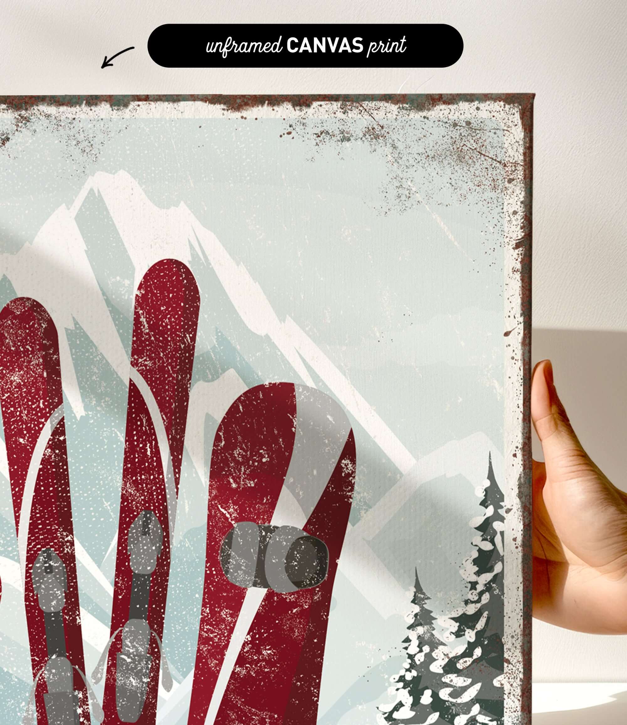 a person holding up a poster with skis on it