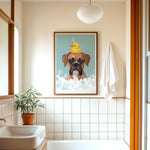a bathroom with a framed picture of a dog sitting in a bathtub with a yellow rubber duck on its head.