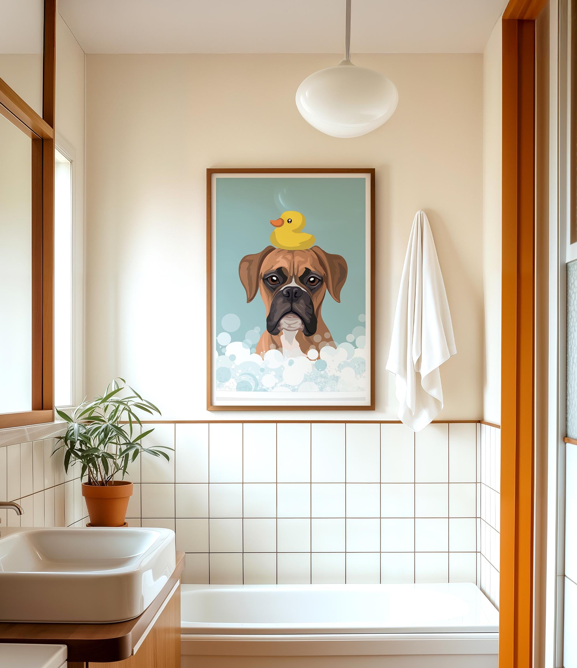a bathroom with a framed picture of a dog sitting in a bathtub with a yellow rubber duck on its head.