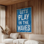 a living room with a white couch and a blue sign