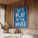 a living room with a white couch and a blue sign