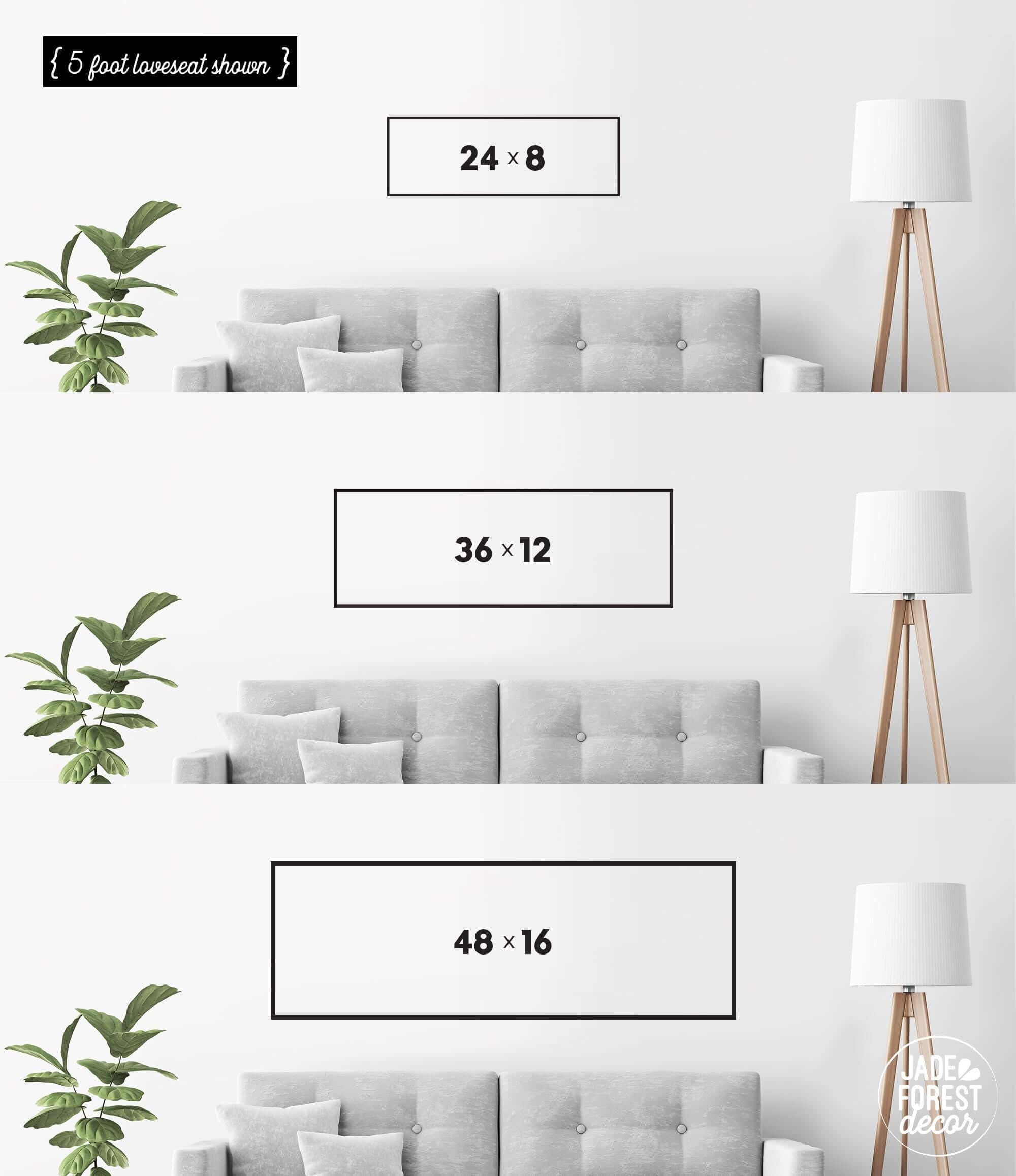 a series of three framed artworks or photographs displayed on a wall, each with a different size and frame. The artworks are arranged in a row, with the largest one being 24 x 8 inches, followed by a smaller one of 36 x 12 inches, and the smallest one being 48 x 16 inches. The artworks are set against a white wall, and there is a plant in the background.