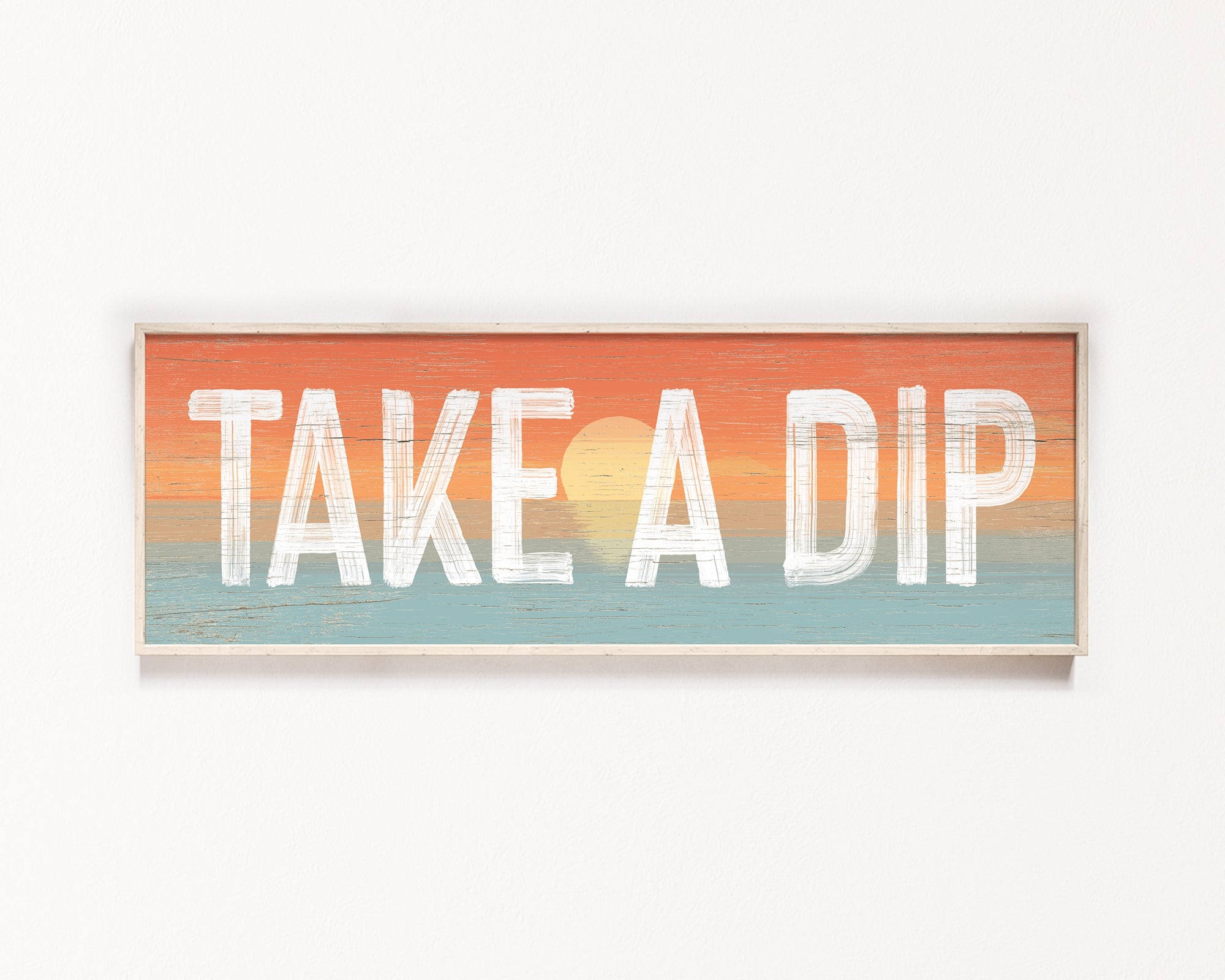 a wooden sign that says take a dip