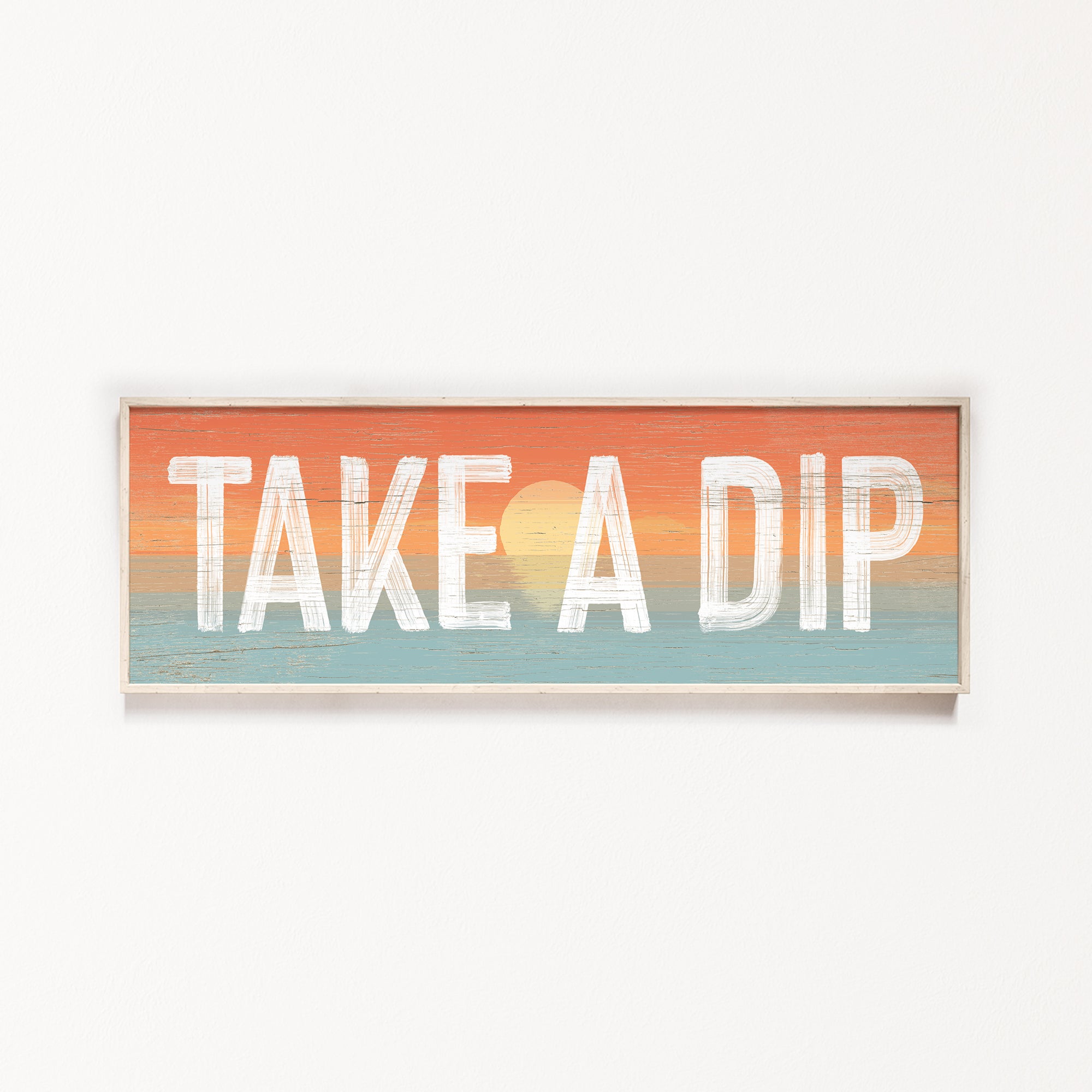 a wooden sign that says take a dip