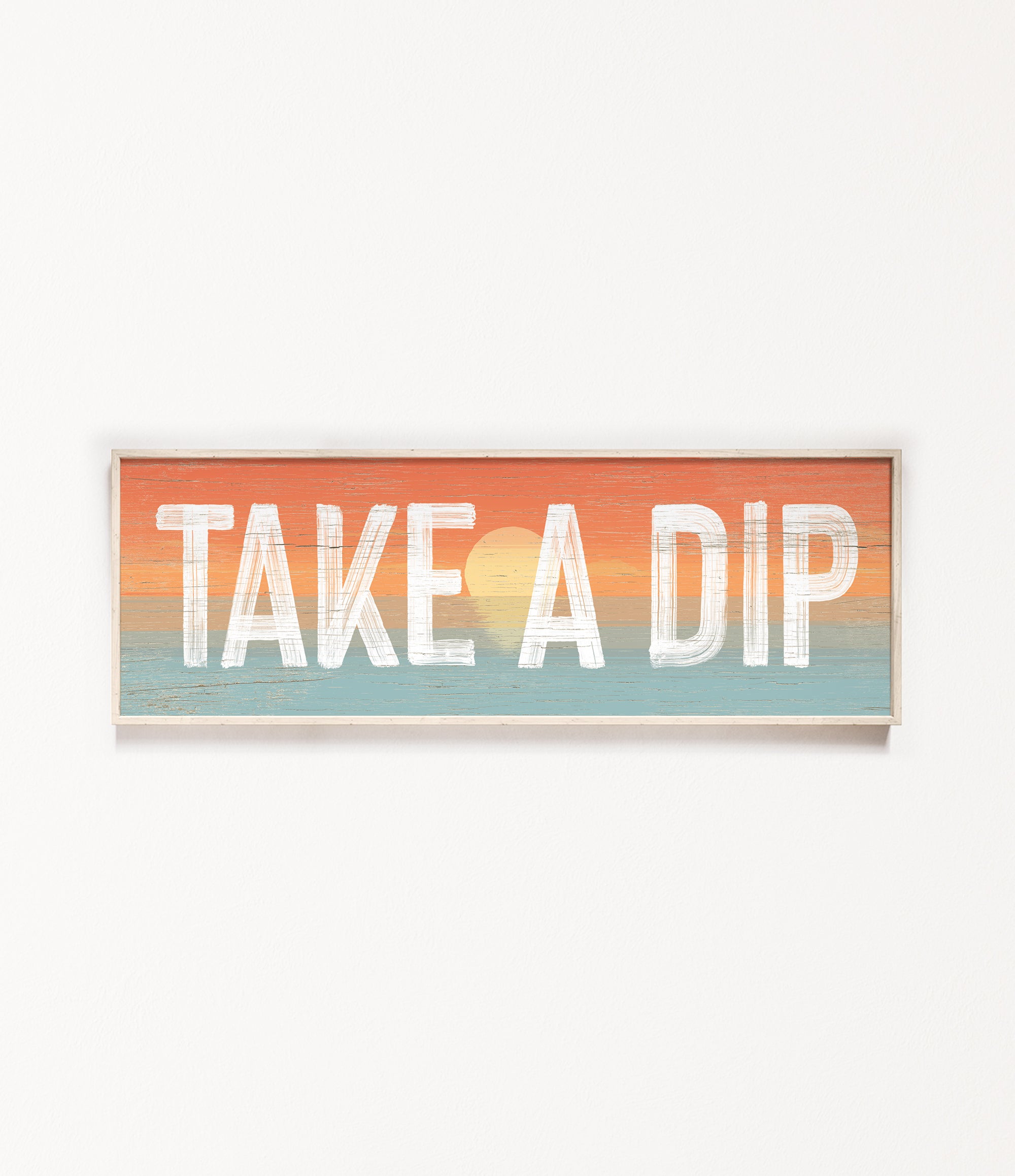 a wooden sign that says take a dip