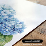 a close-up view of a watercolor painting of blue hydrangea flowers on a white background.