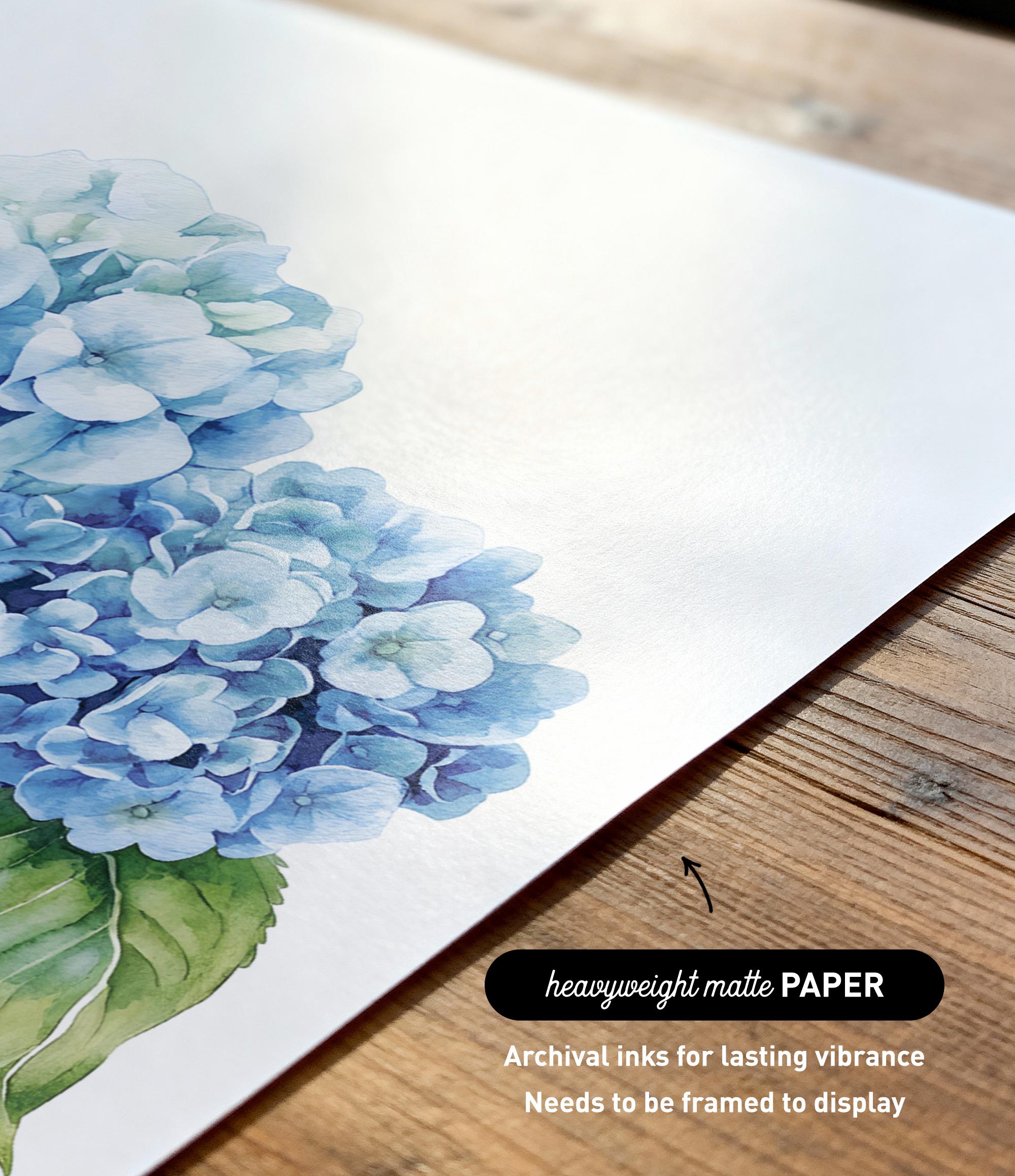 a close-up view of a watercolor painting of blue hydrangea flowers on a white background.