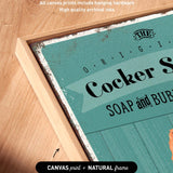 a wooden surface with a framed piece of artwork that includes text and graphics.