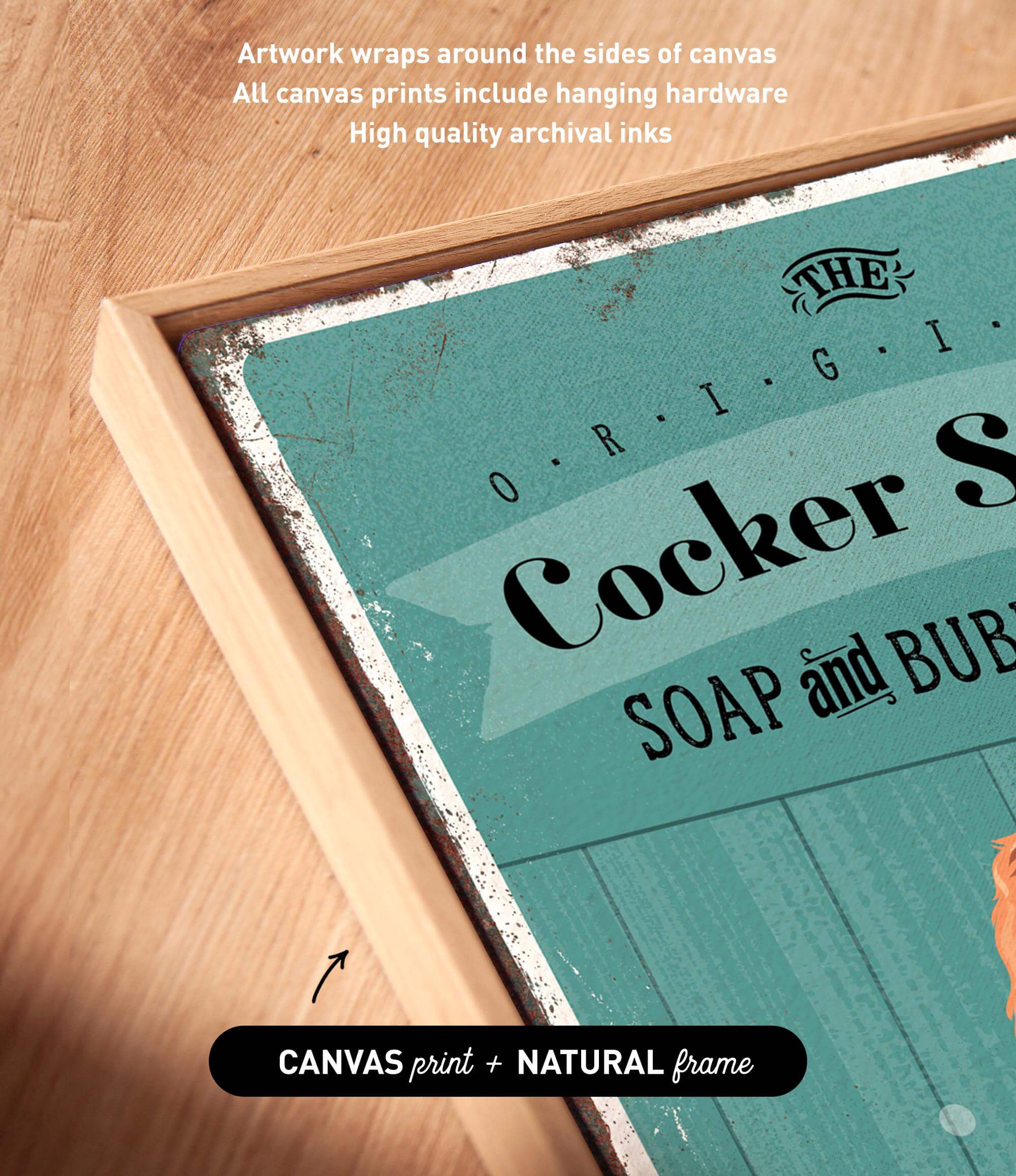 a wooden surface with a framed piece of artwork that includes text and graphics.