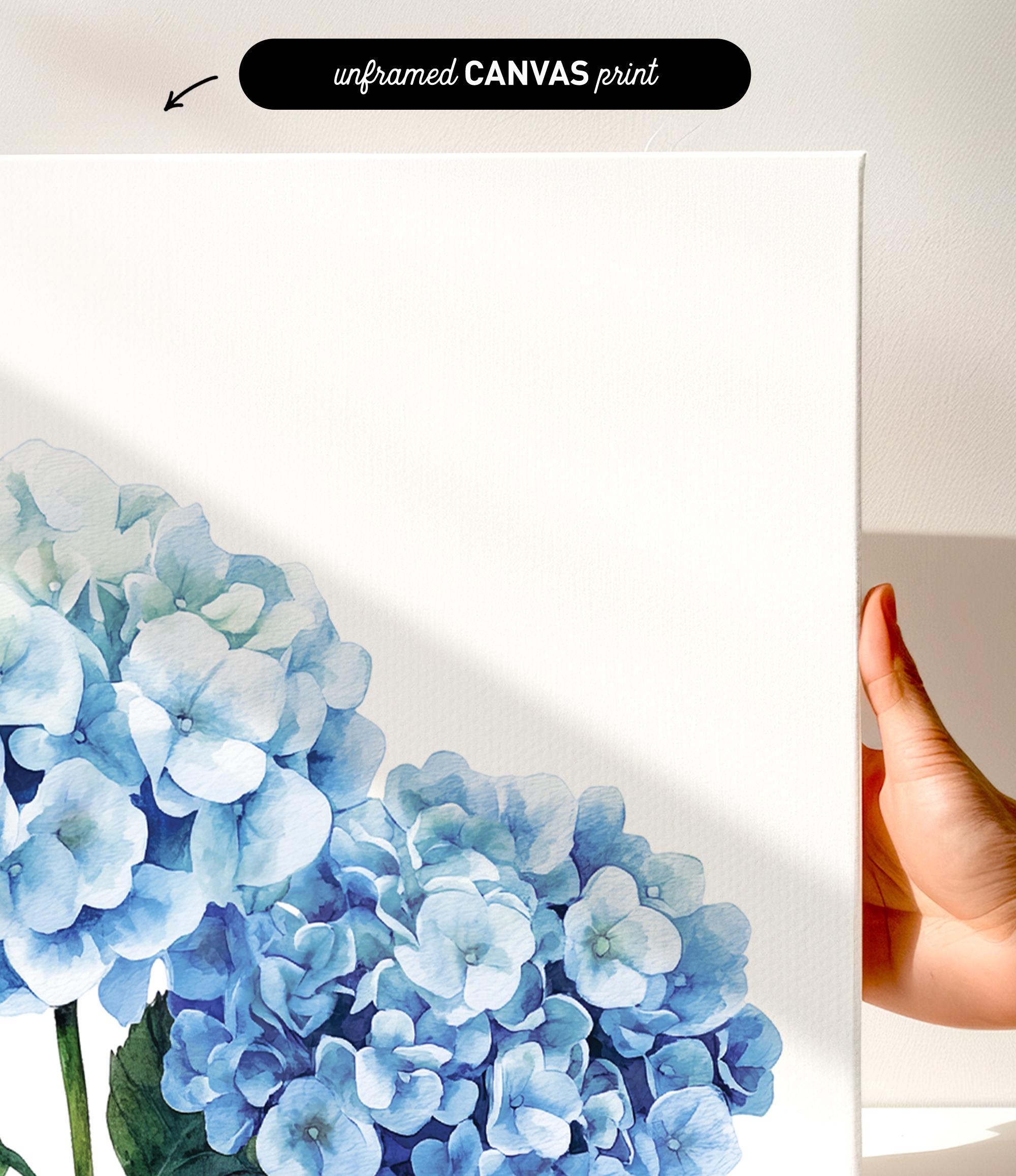 a hand holding a white canvas print of a watercolor painting of blue hydrangea flowers.