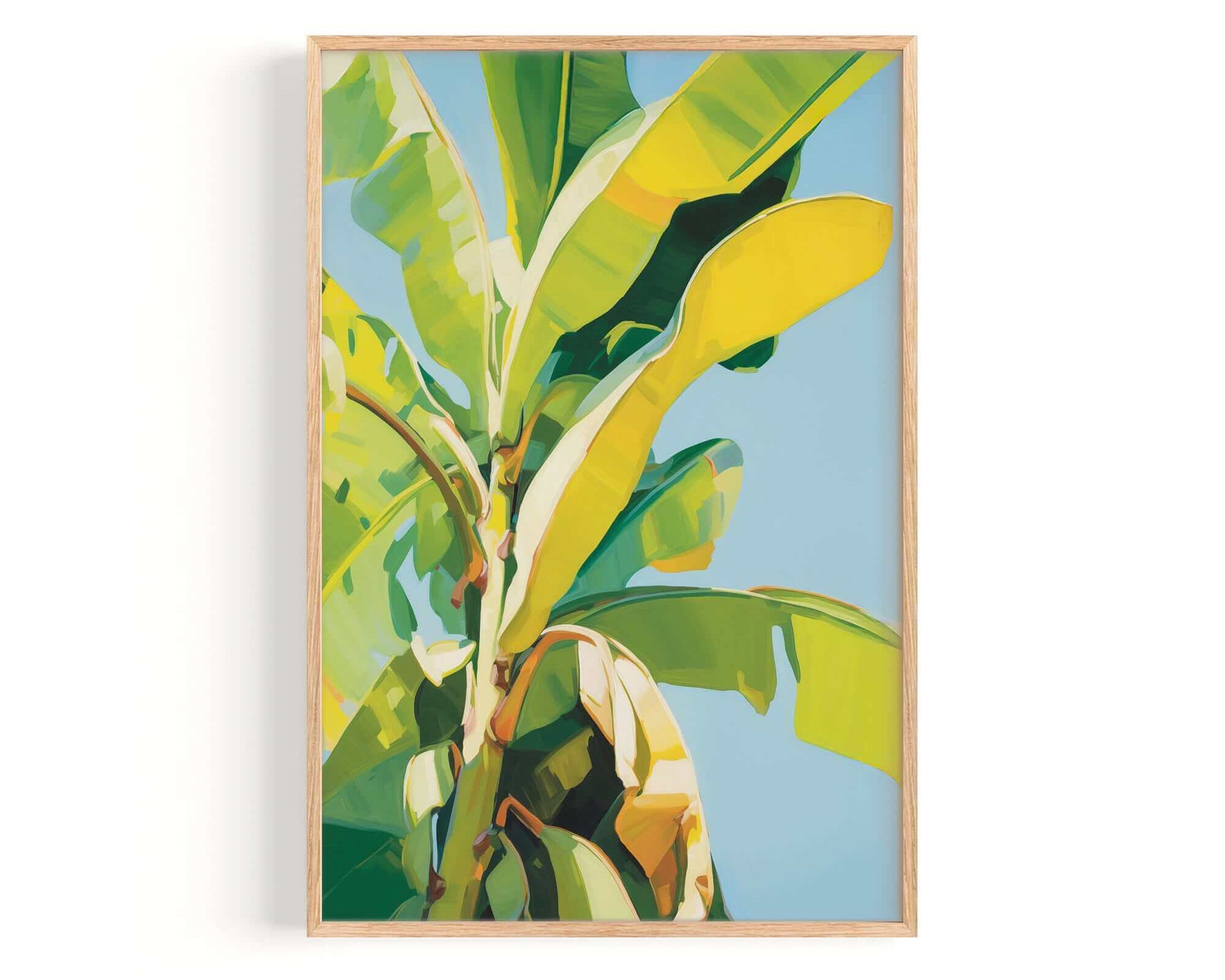 The image is a vibrant painting of a banana tree with large, yellow leaves against a blue background.