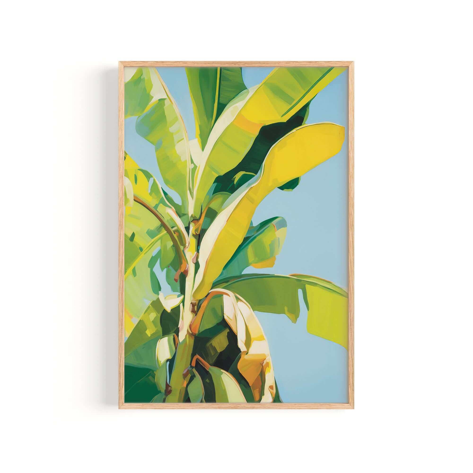 The image is a vibrant painting of a banana tree with large, yellow leaves against a blue background.
