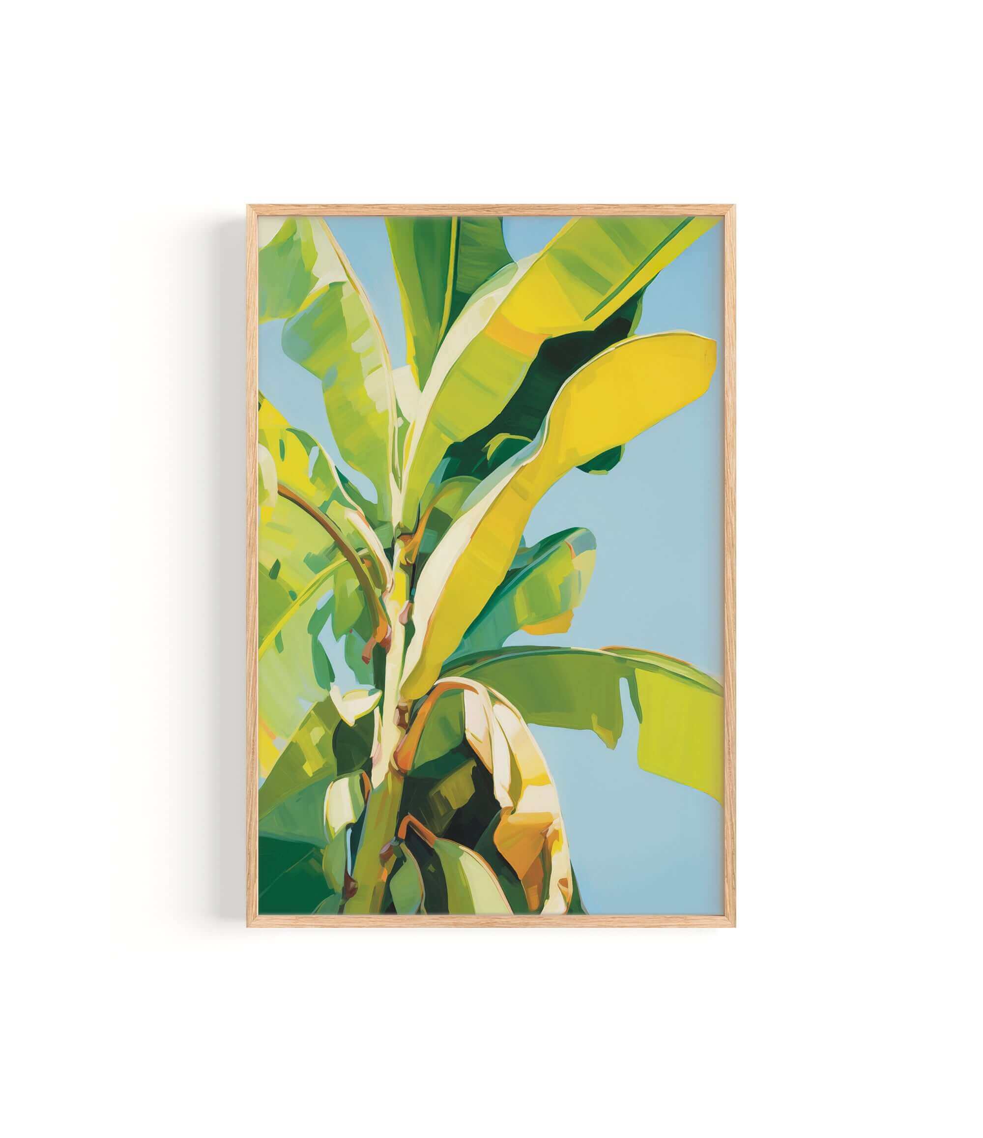 The image is a vibrant painting of a banana tree with large, yellow leaves against a blue background.