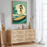 a woman paddleboarding on a calm body of water, with a serene and peaceful atmosphere.