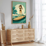 a woman paddleboarding on a calm body of water, with a serene and peaceful atmosphere.