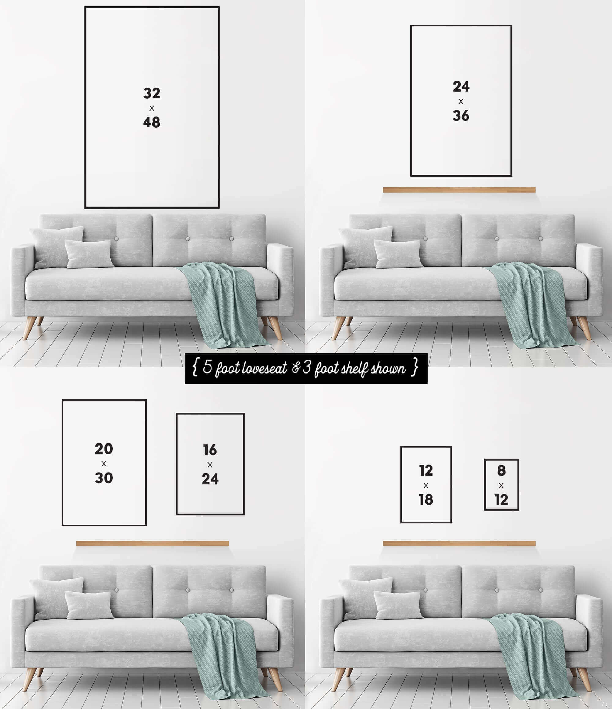 The image is a collage of four photographs showing different sizes of framed artworks displayed on a wall.