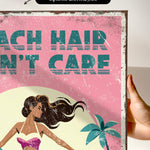 The image is a vibrant, retro-style poster with a woman in a swimsuit and palm tree, set against a pink background.