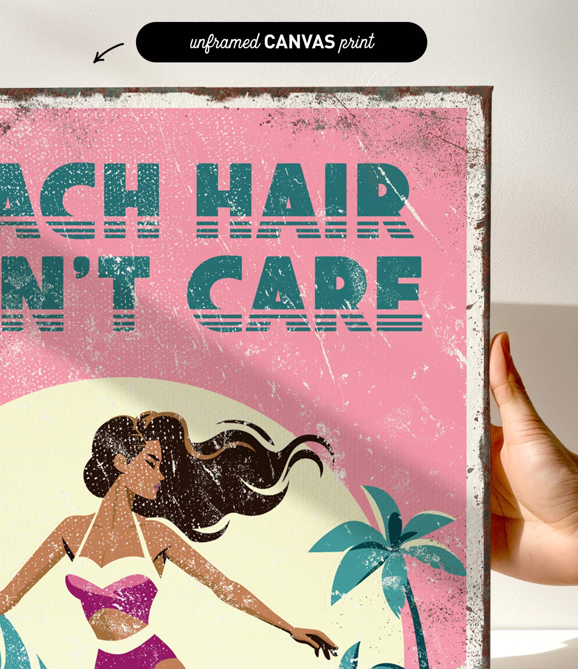 The image is a vibrant, retro-style poster with a woman in a swimsuit and palm tree, set against a pink background.