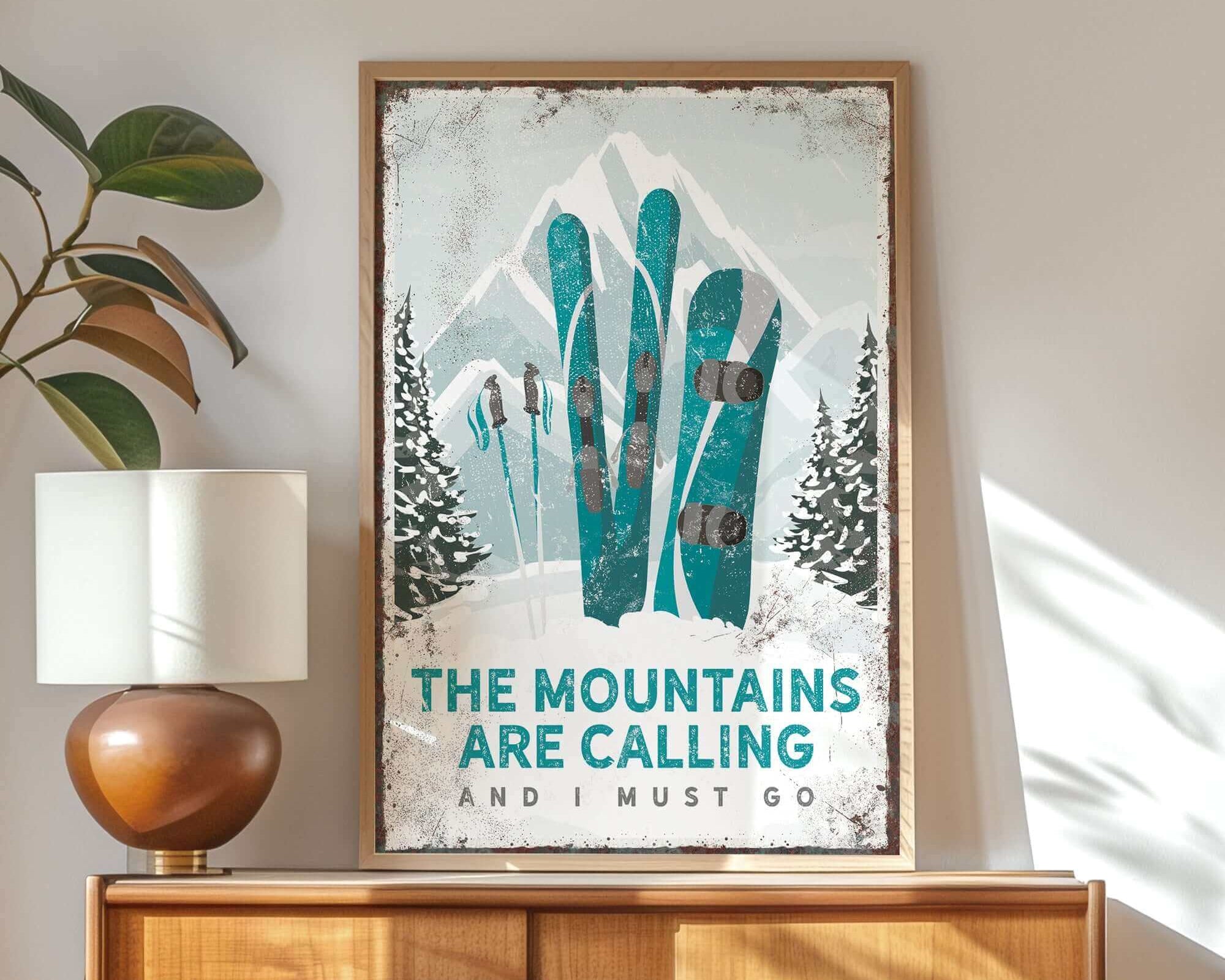 a poster of skis on a wall above a dresser