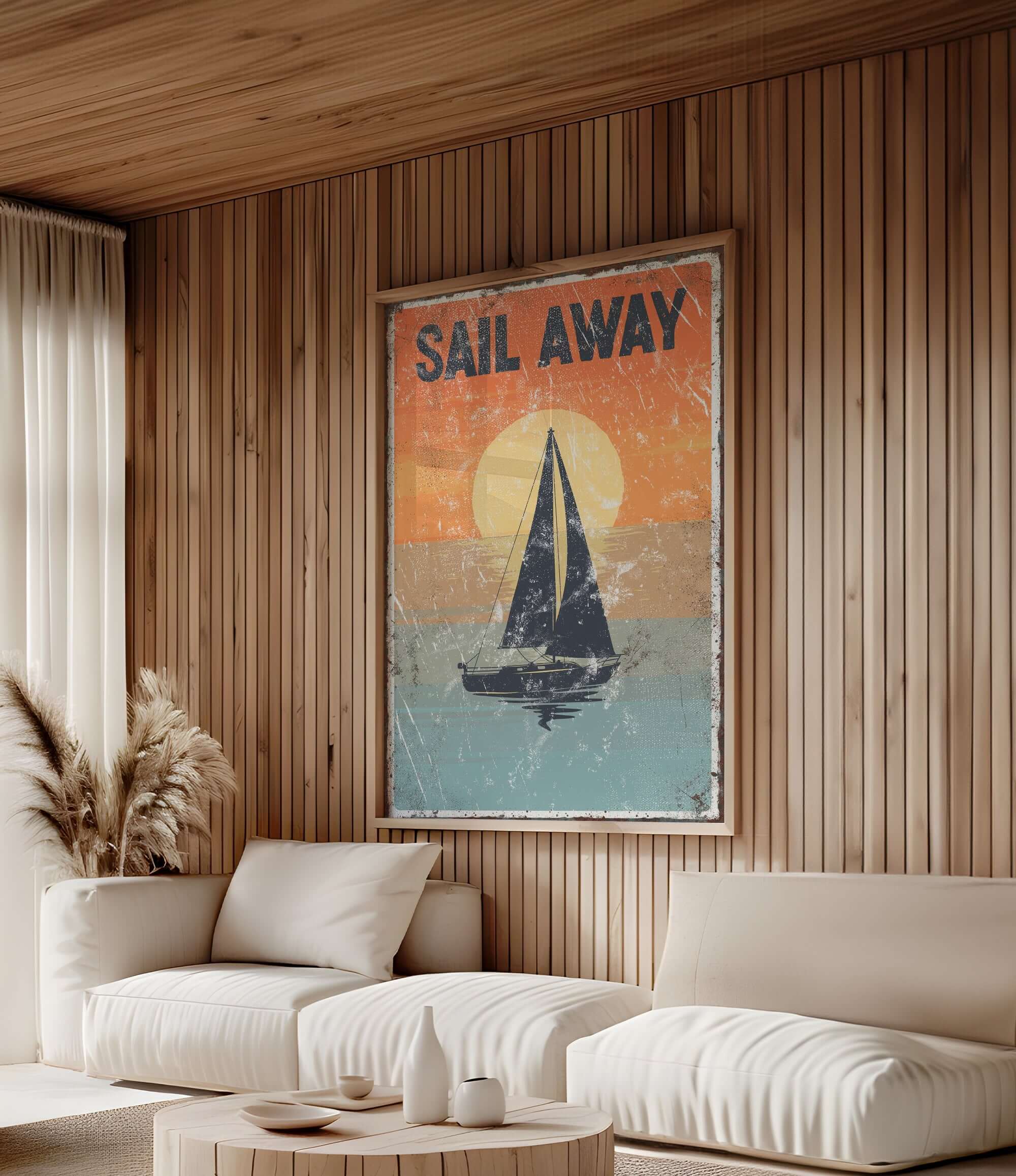 a living room with a white couch and a poster on the wall