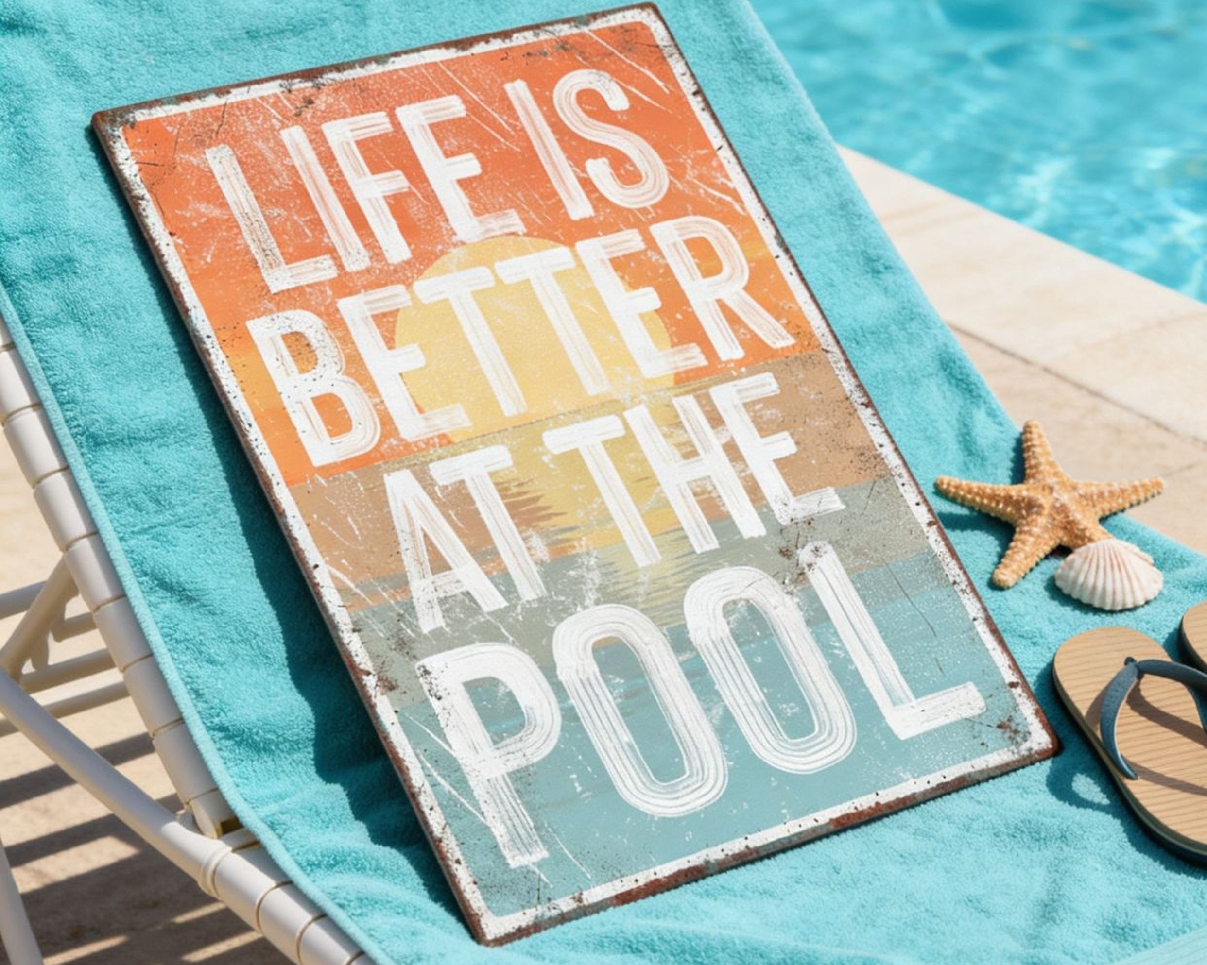 A sign that reads "LIFE IS BETTER AT THE POOL" is placed on a blue towel on a white chair, with a starfish and flip flops nearby.