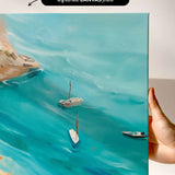 The image is a painting of a seascape with two small boats floating on the water.