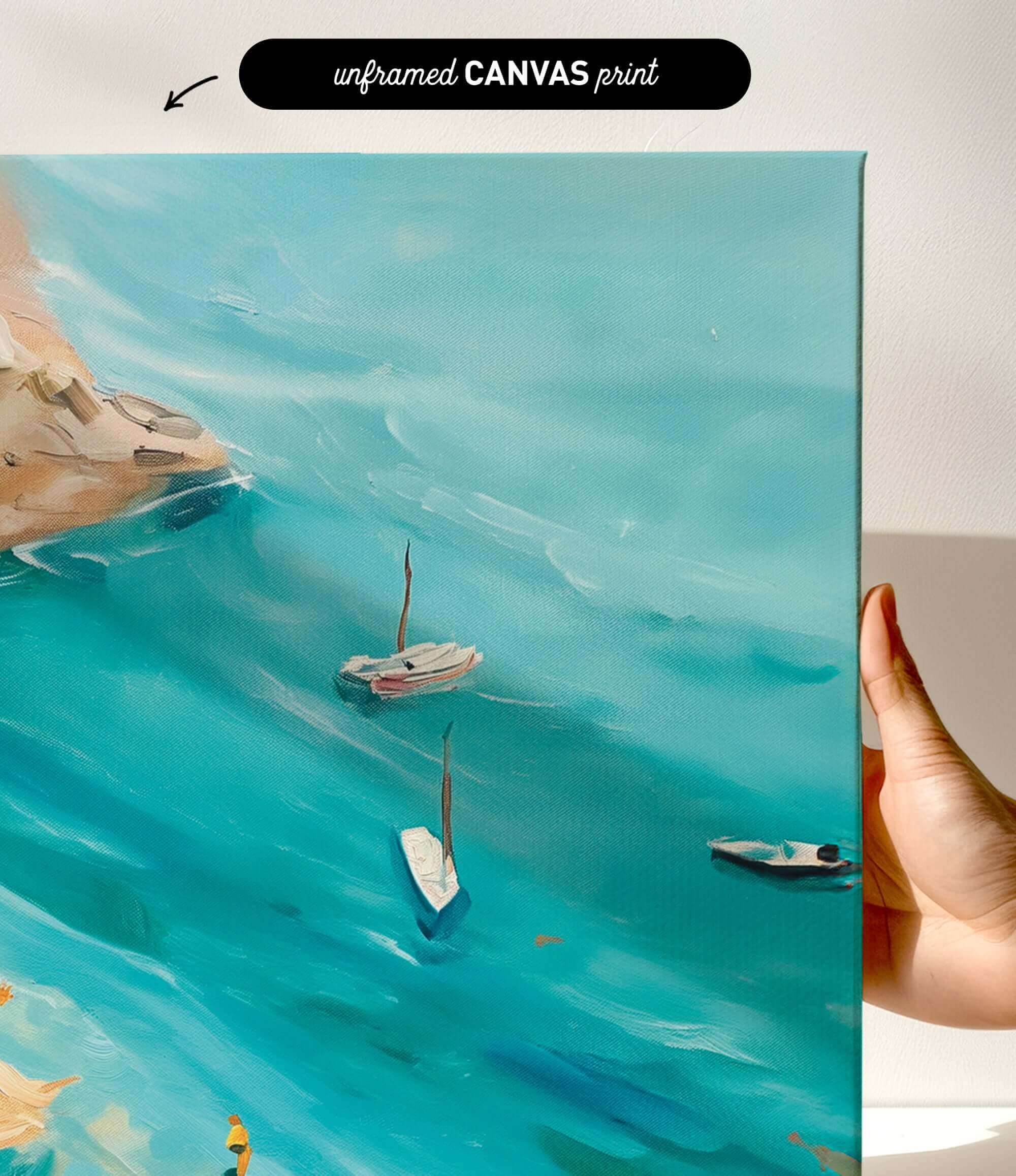 The image is a painting of a seascape with two small boats floating on the water.