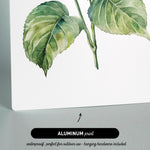 The image is an aluminum print featuring a watercolor painting of a blue hydrangea flower with green leaves.
