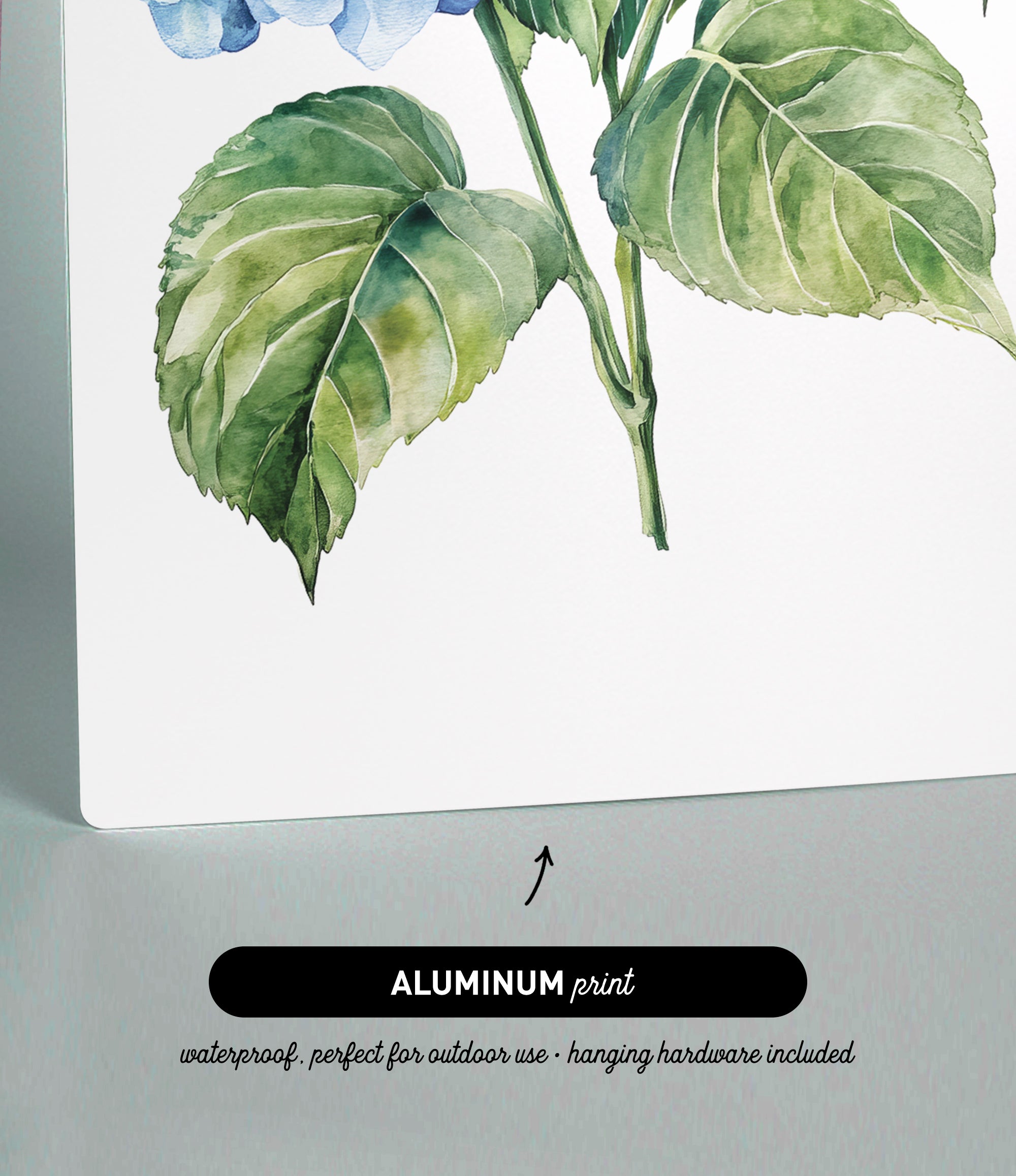The image is an aluminum print featuring a watercolor painting of a blue hydrangea flower with green leaves.