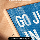 a picture of a blue and white sign that says go july