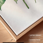 a close-up view of a canvas print and a natural frame, showcasing the artwork's details and quality.