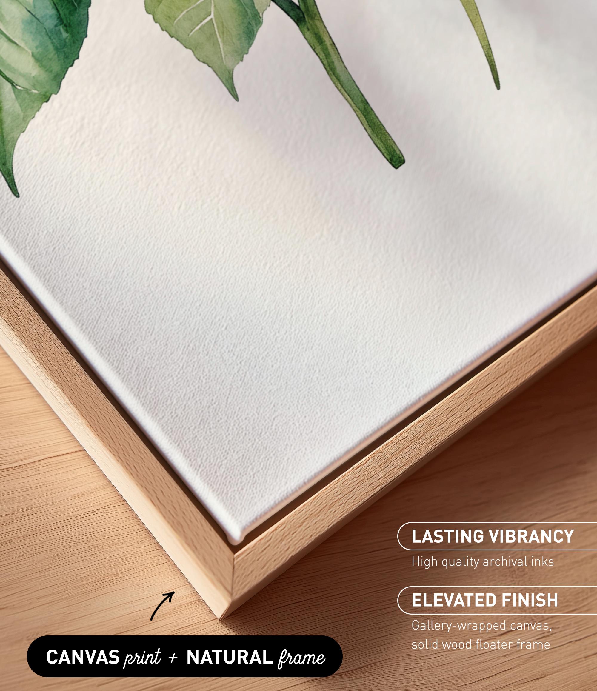 a close-up view of a canvas print and a natural frame, showcasing the artwork's details and quality.