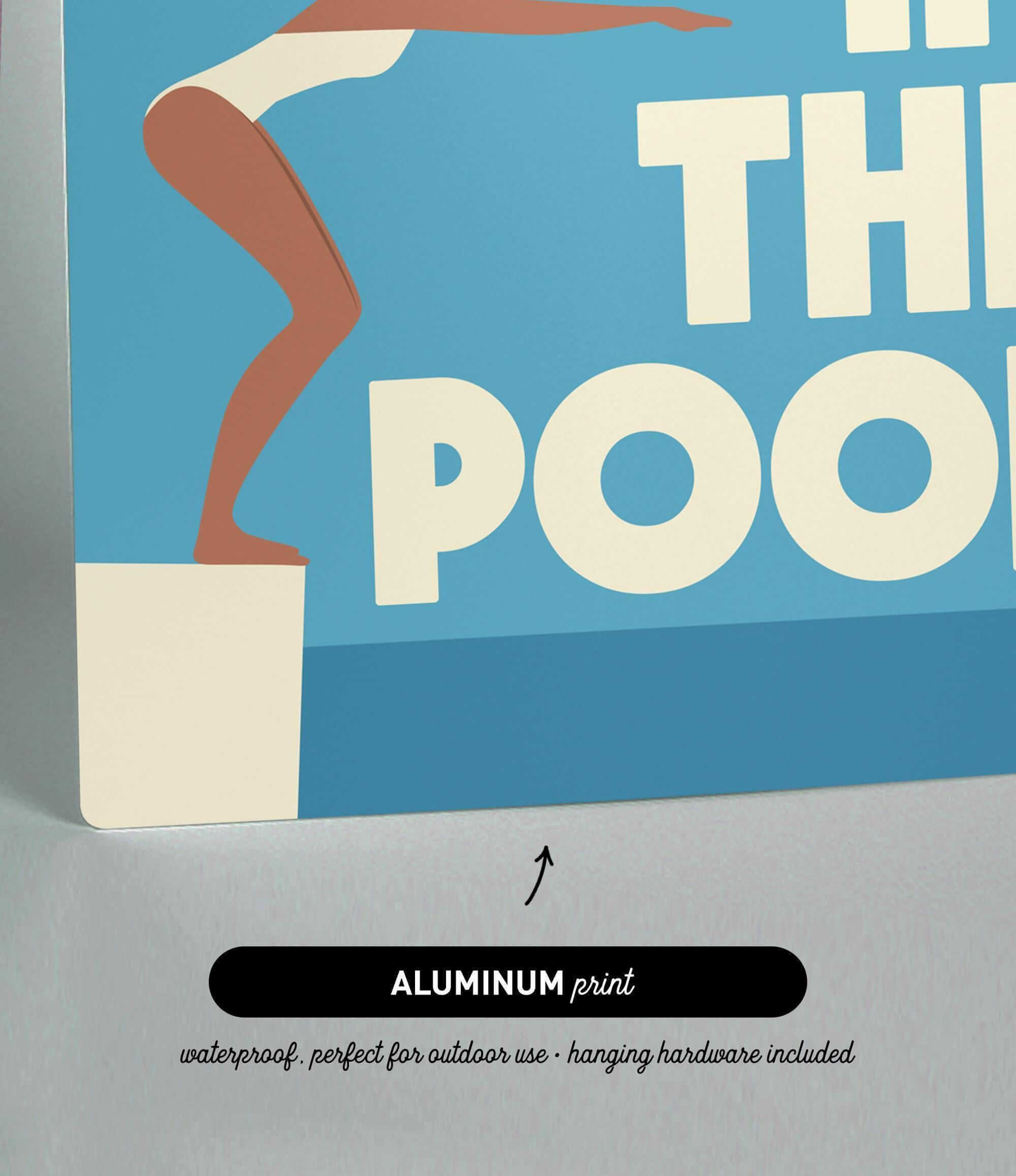 The image is an aluminum print featuring a swimming pool with a woman in a white swimsuit.