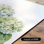a close-up view of a watercolor painting of a cluster of white hydrangea flowers on a white background.