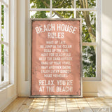 a sign on a window sill that says beach house rules