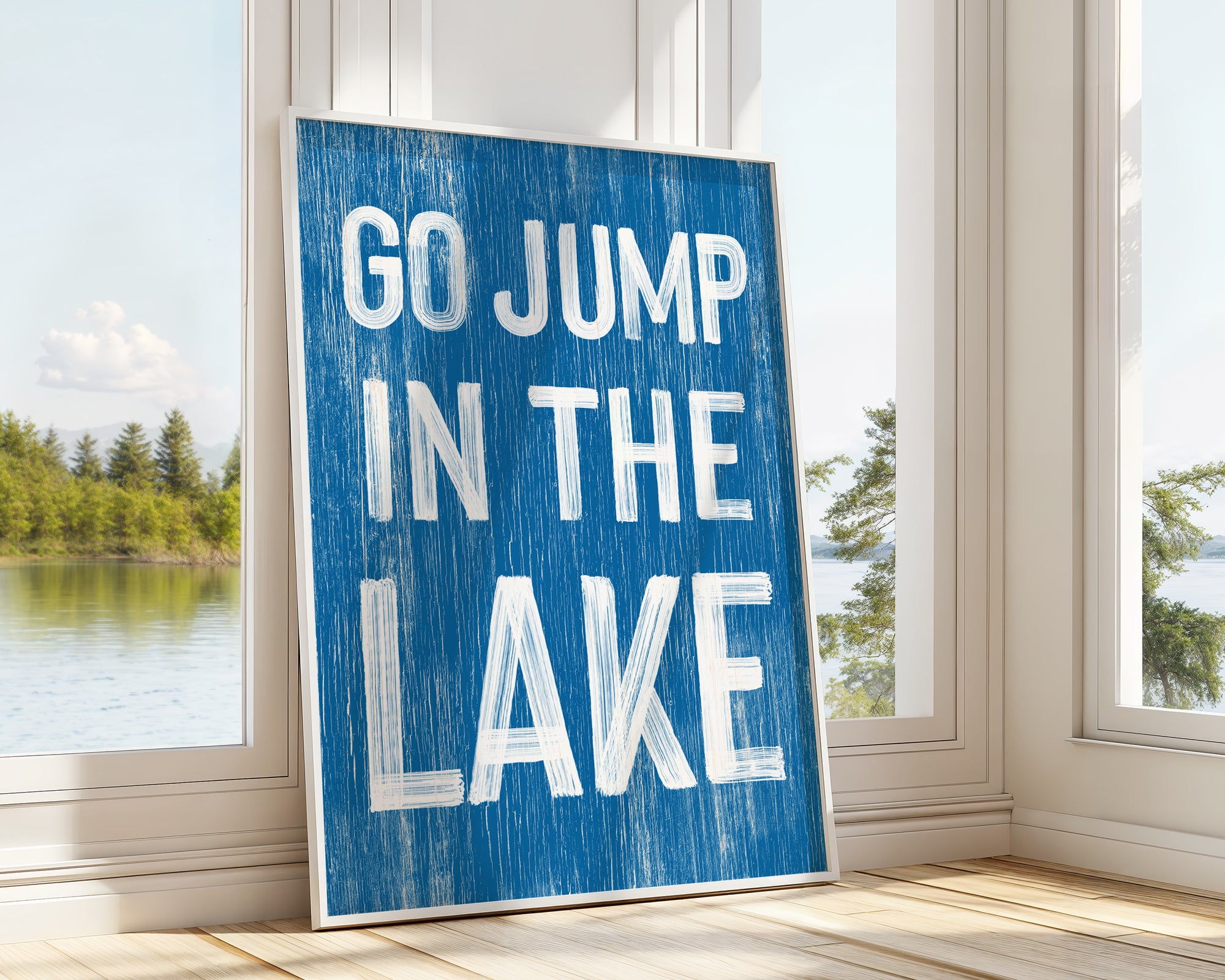 a blue sign that says go jump in the lake