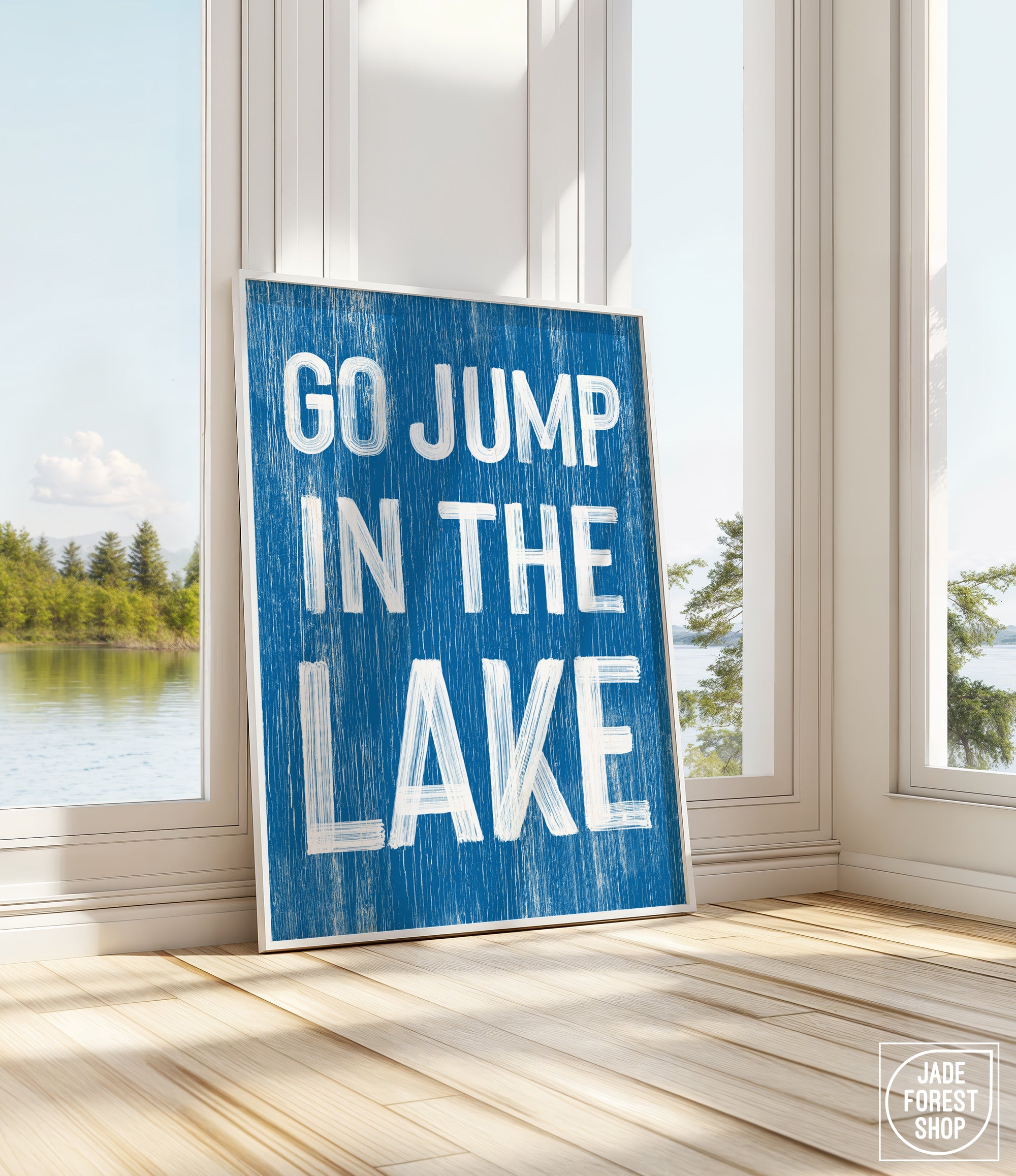 a blue sign that says go jump in the lake